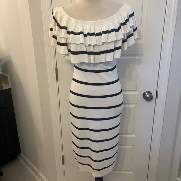Line + Dot Black White Striped Off The Shoulder Ruffle Knit Midi Dress Medium - Picture 3 of 11
